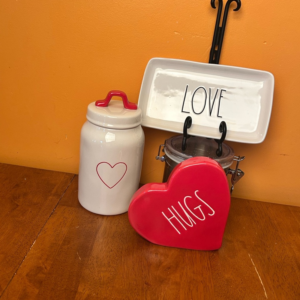 Rae Dunn Ceramic Heart Cookie Jar & Hugs Heart Tray Set - White and Red